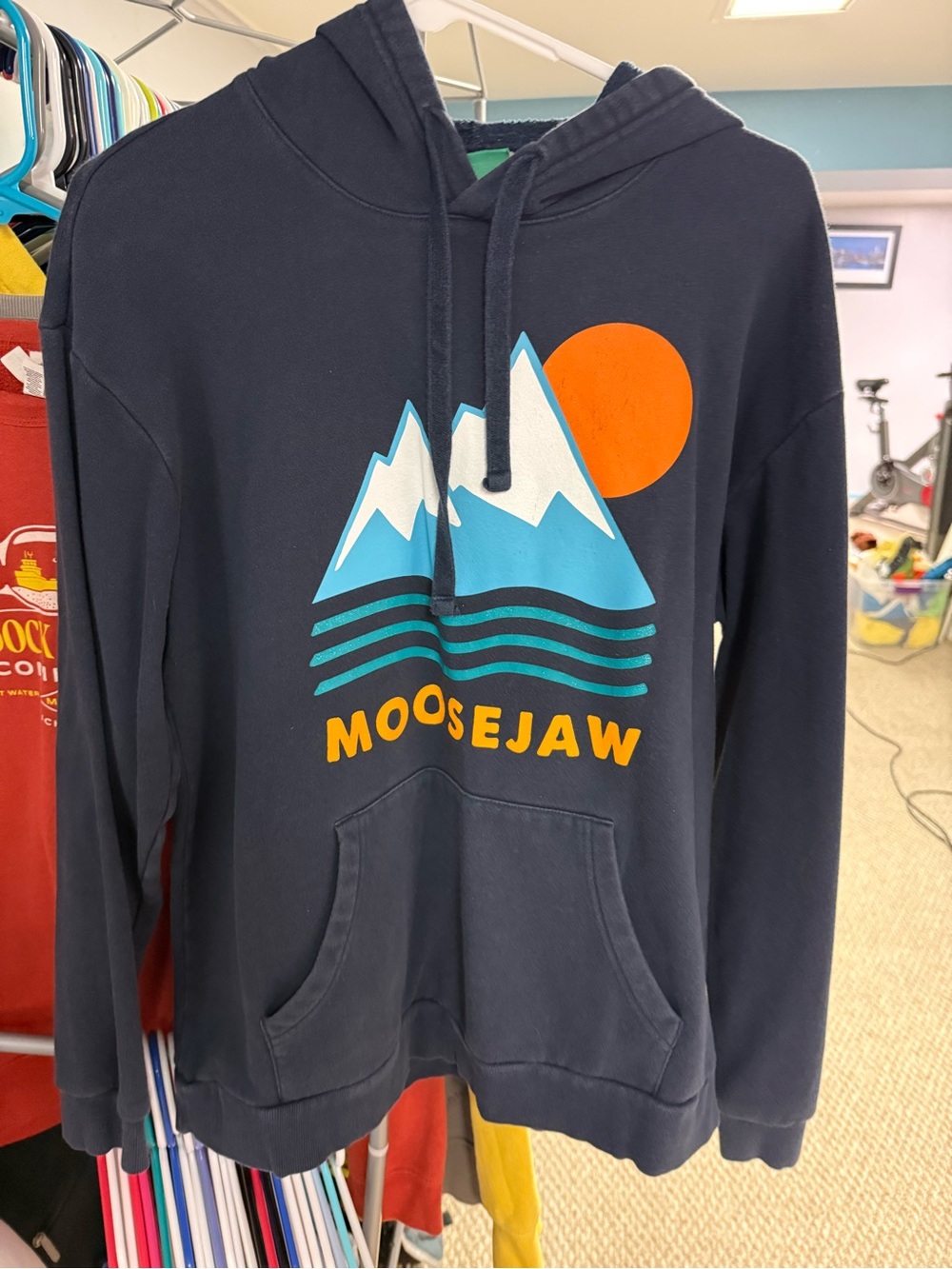 Moosejaw Navy Hoodie with Mountain Sun Graphic